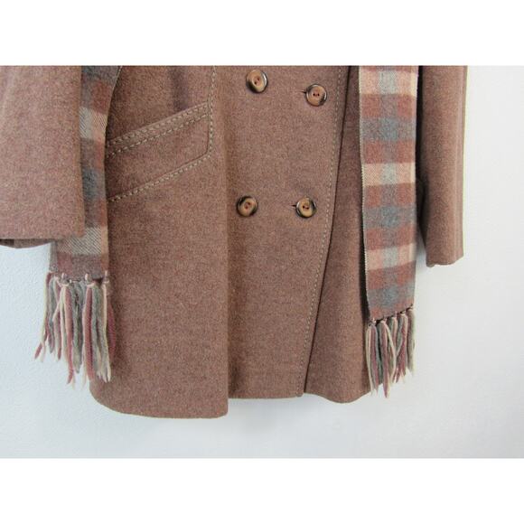 Vintage Union Made Wool Pea Coat Brown Knee Length Plaid Scarf 80's VTG - Picture 5 of 12